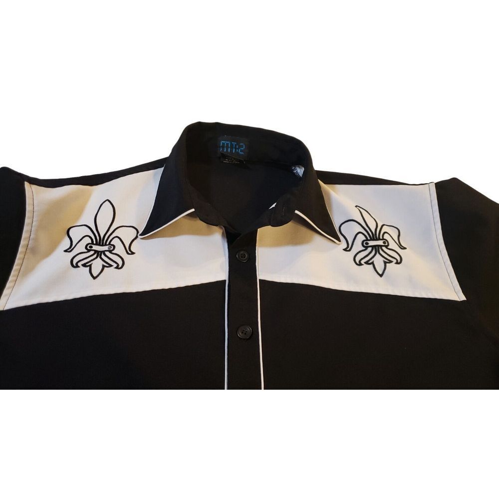 MT:2‎ Mens Black White Fleur De Lis Button Down 100% Polyester Size Large L - Picture 5 of 15